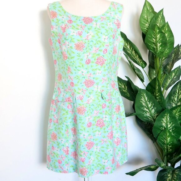 Lilly Pulitzer Dresses & Skirts - Lilly Pulitzer Linen Cotton Blue Ping Floral Sleeveless Boat Neck Sheath Dress 8
